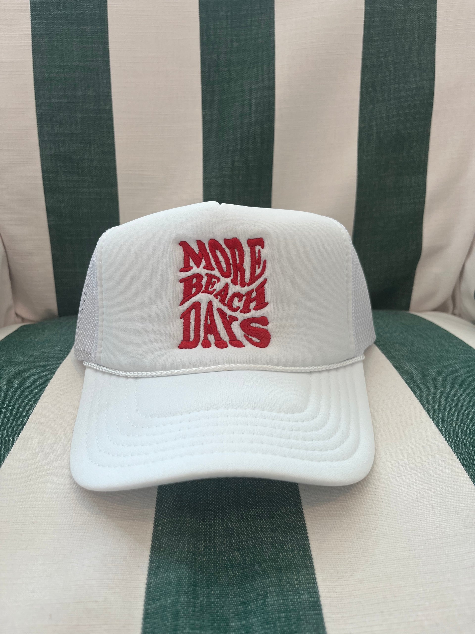 MORE BEACH DAYS TRUCKER HAT - WHITE W/ RED