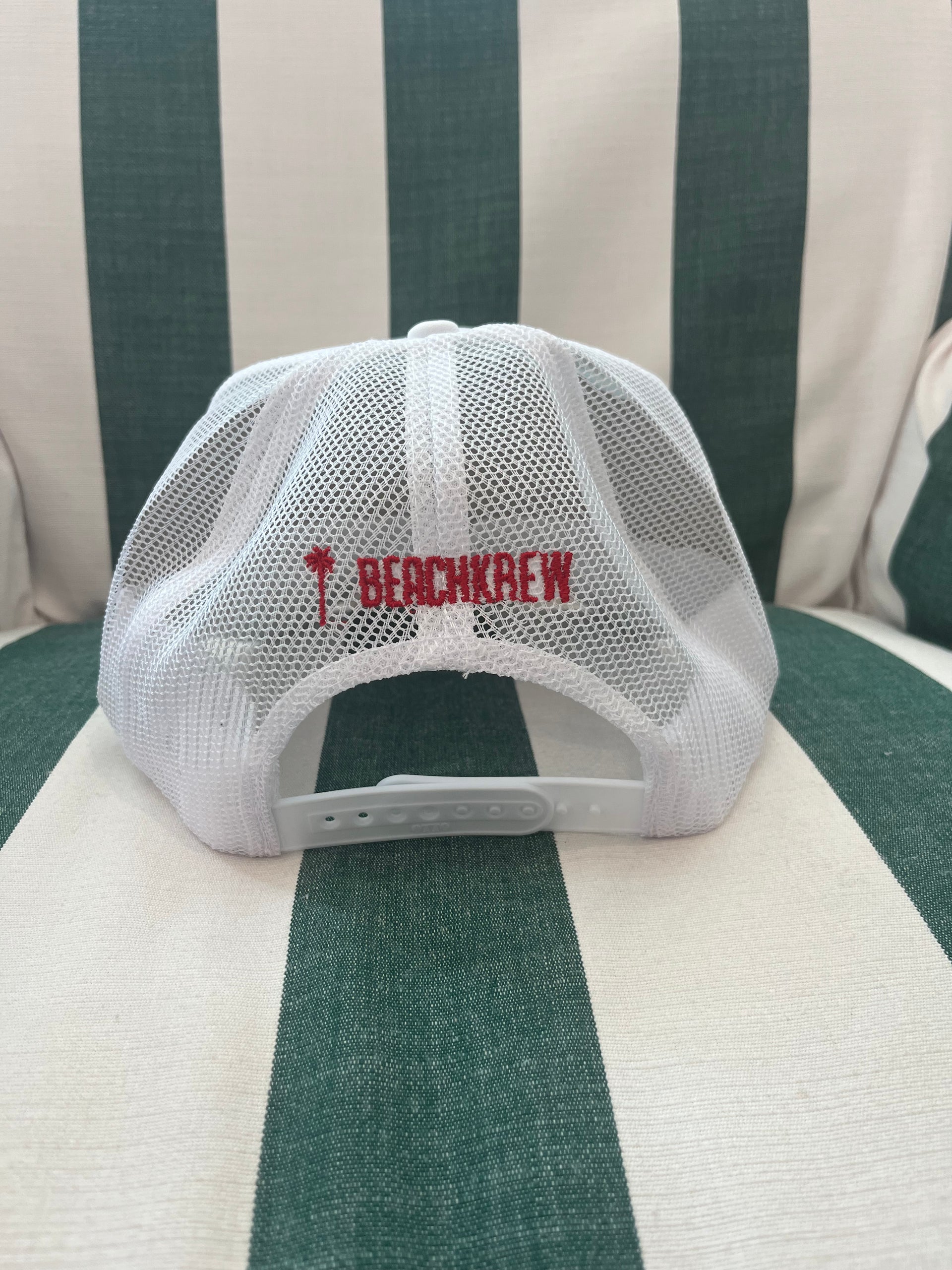 MORE BEACH DAYS TRUCKER HAT - WHITE W/ RED
