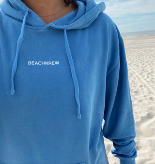 front close up of down the shore blue hoodie