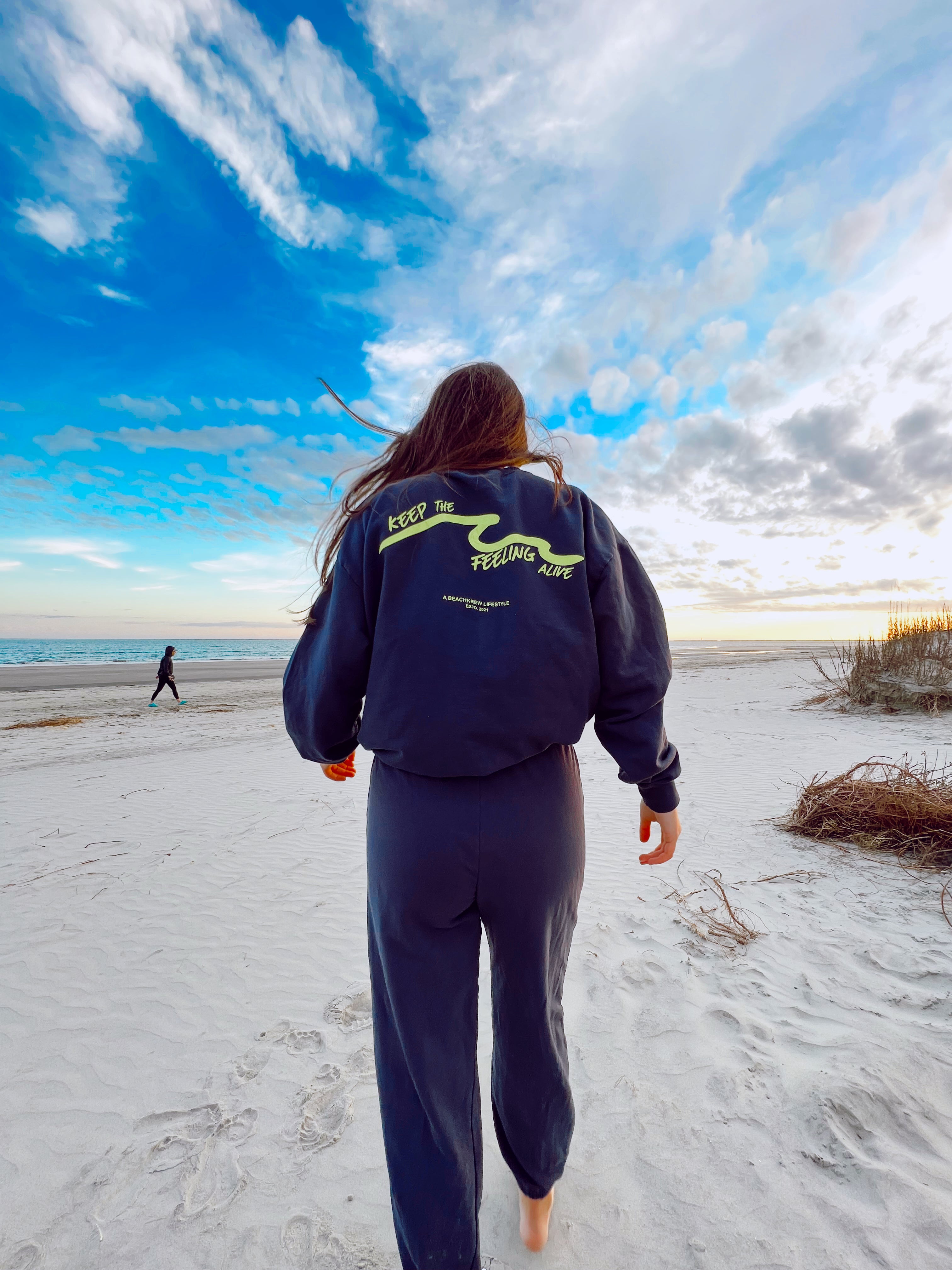 KEEP THE FEELING ALIVE NAVY CREWNECK